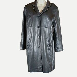 Jones New York Women's Vintage Black Leather Fully Lined Mid Length Duster Coat